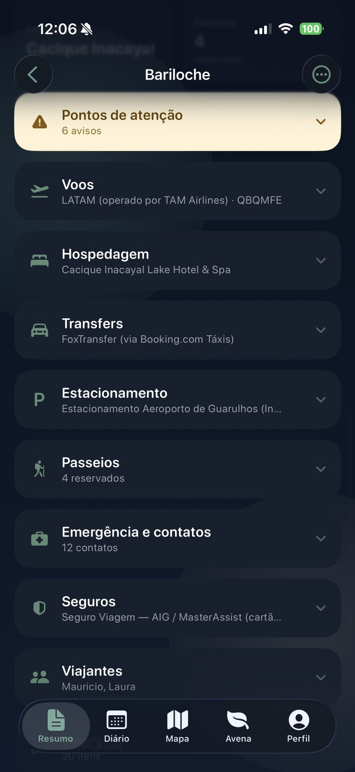Resumo da viagem com cartões de voos, hospedagem, transfers e mais