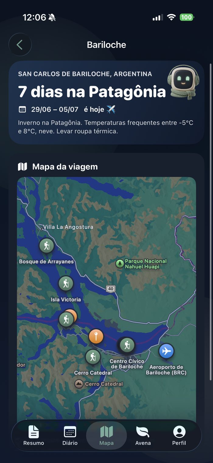 Mapa da viagem com todos os locais marcados