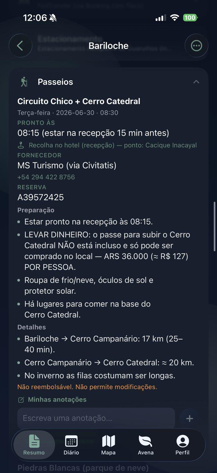 Detalhe de um passeio com preparação, fornecedor e instruções