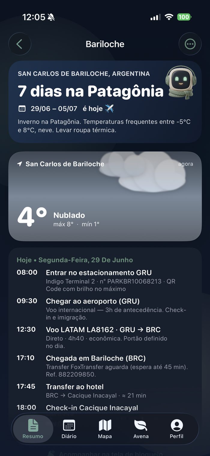 Tela inicial da Avena com o clima ao vivo do destino