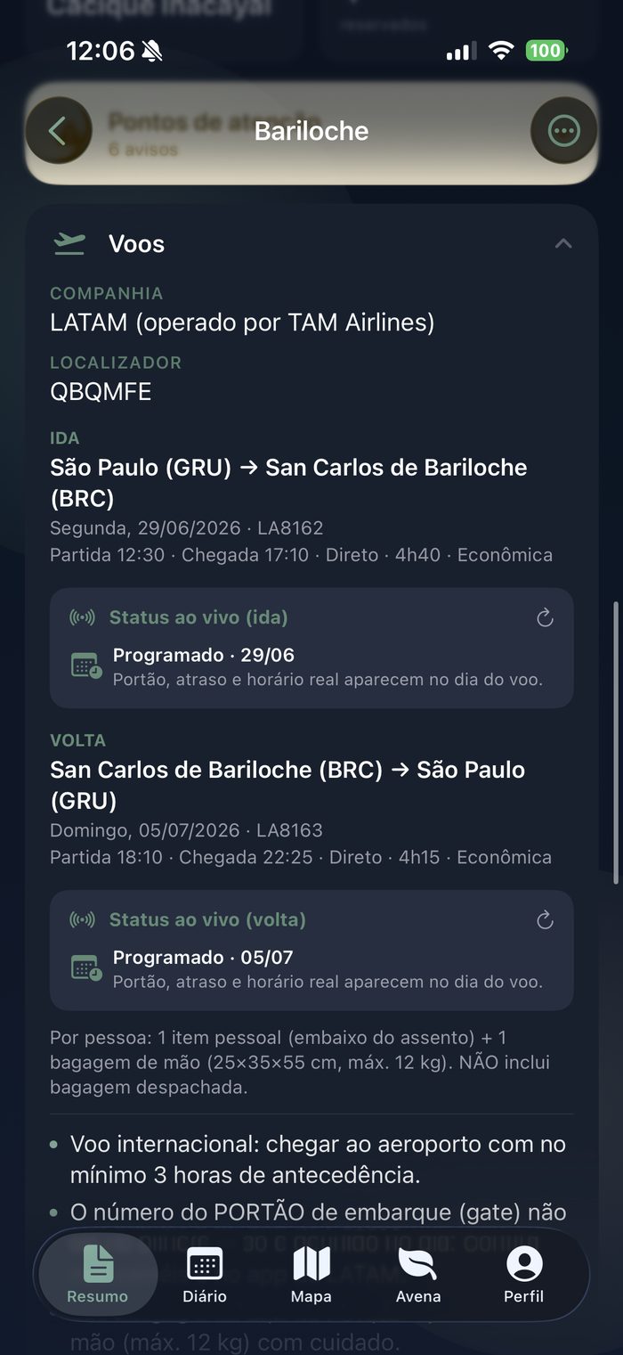 Detalhe dos voos com status ao vivo da ida e da volta